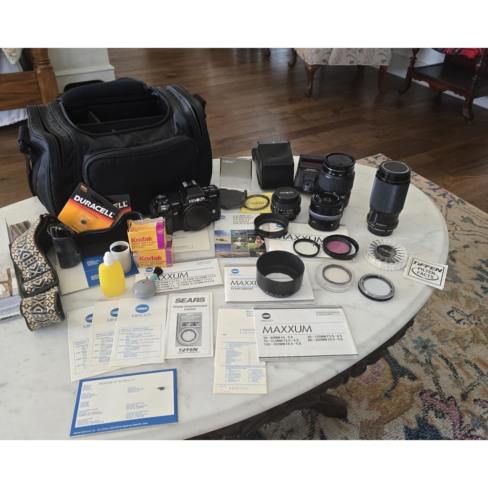 Minolta Maxxum 7000 35mm Film Camera Bundle,  4 Lenses, Flash, Filters, Manuals‎